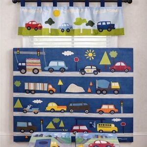 Kids Roadway Curtains Valance and Panel - Blue Multi Car Print